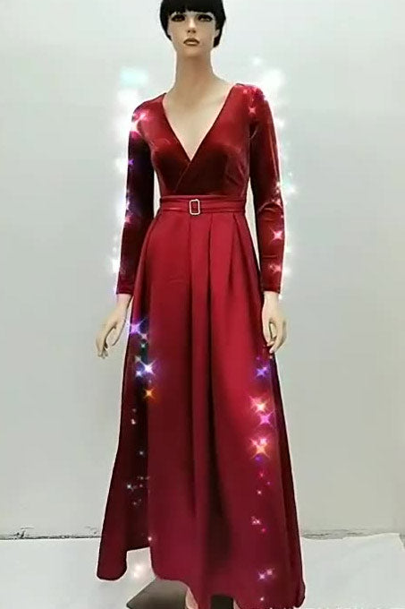 Burgundy Deep V-Neck Long Sleeve A-Line Evening Prom Dresses