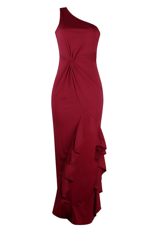 Burgundy One Shoulder High Slit Prom Gown Evening Dress