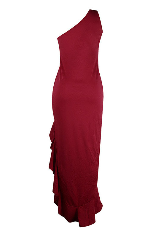 Burgundy One Shoulder High Slit Prom Gown Evening Dress