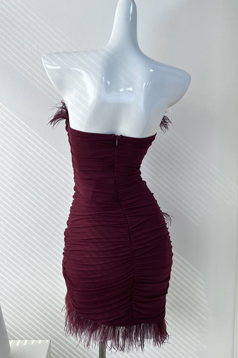 Burgundy Strapless Feather Mini Party Cocktail Dress