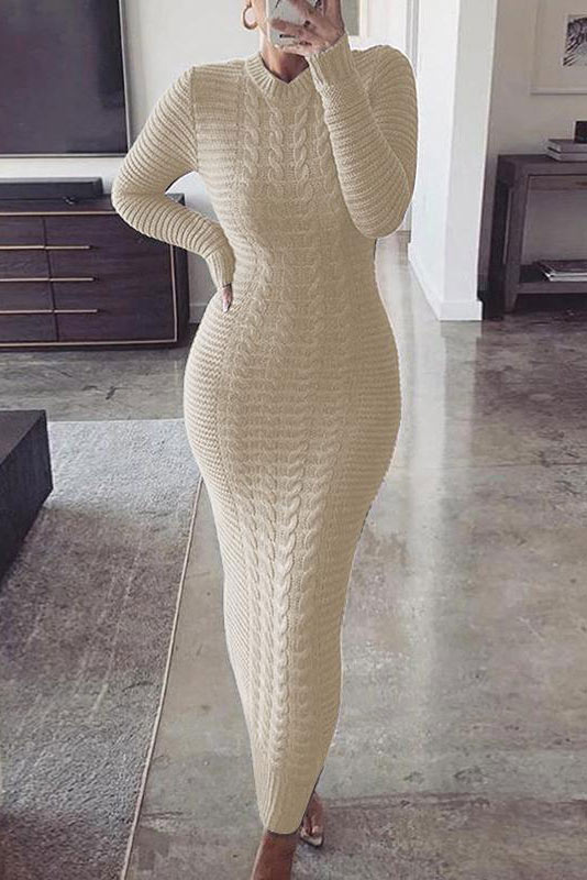 Chic Long Sleeve Bodycon Sweater Champagne Dress