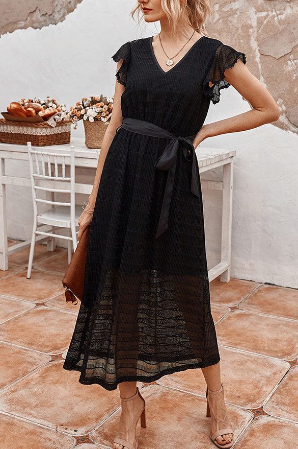 Chic V-neck Lace Trim Tie Front Long Dress - Mislish