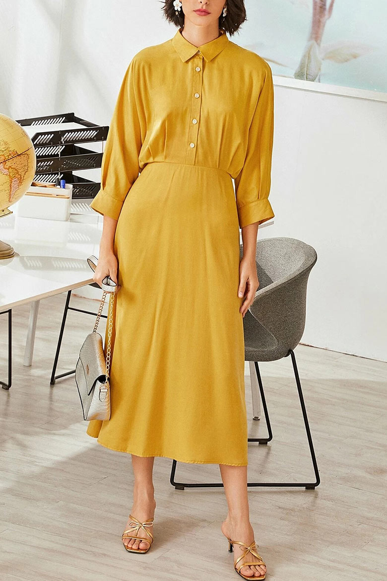 Chic Yellow Buttoned Midi Shirt Dress - Mislish