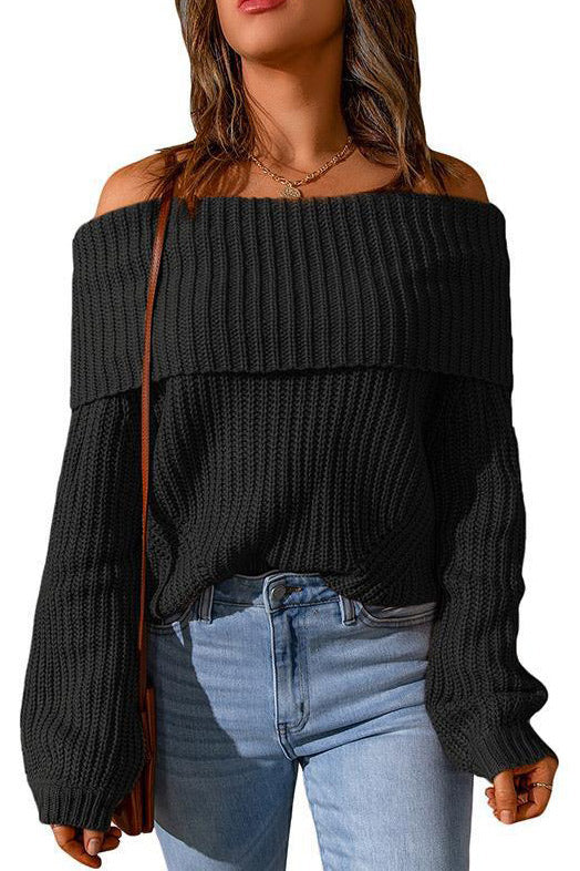 Dark Green Off Shoulder Knitted Sweater 