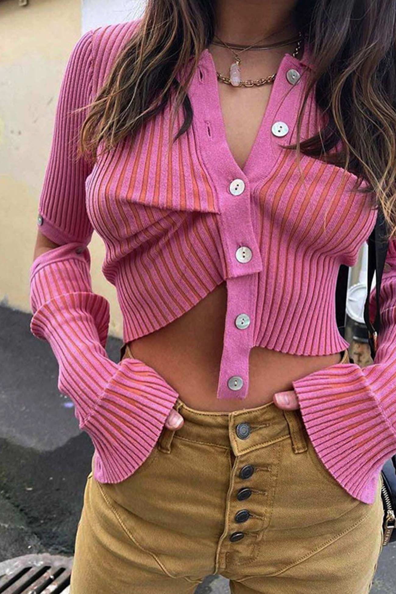 Detachable Sleeve Button Down Knitted Tops