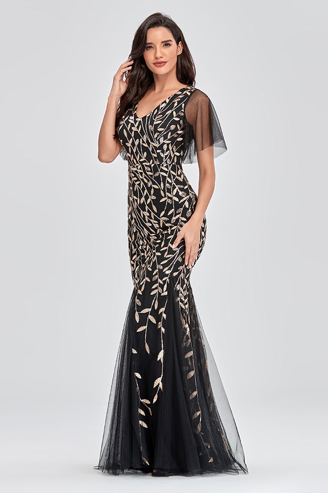 Elegant Black Embroidered Mermaid Tulle Evening Prom Dress