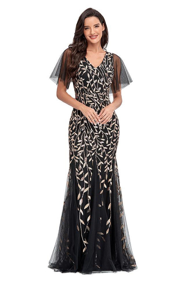 Elegant Black Embroidered Mermaid Tulle Evening Prom Dress