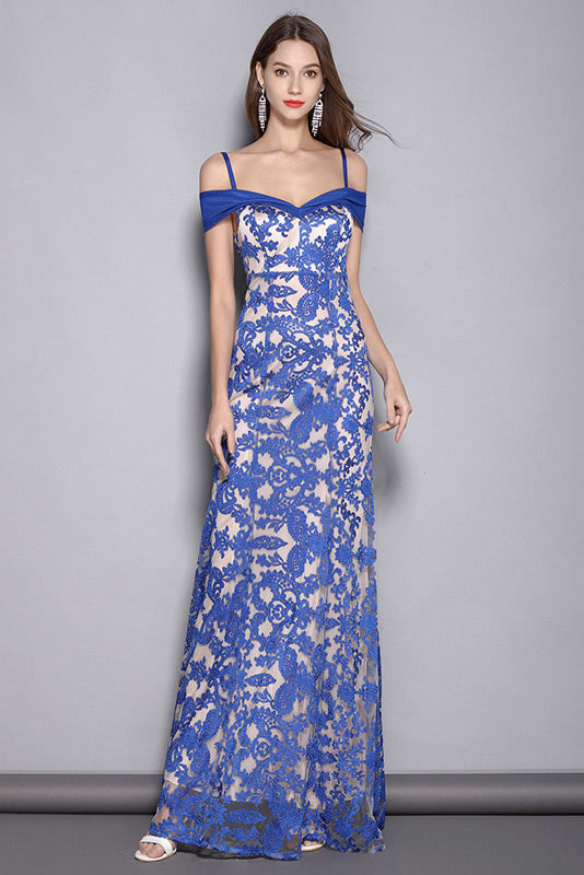 Elegant Off Shoulder Blue Lace Formal Evening Dress