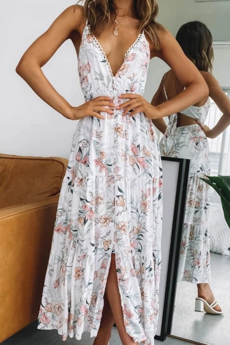 Floral V-neck Knot Back Slit Maxi Dress - Mislish