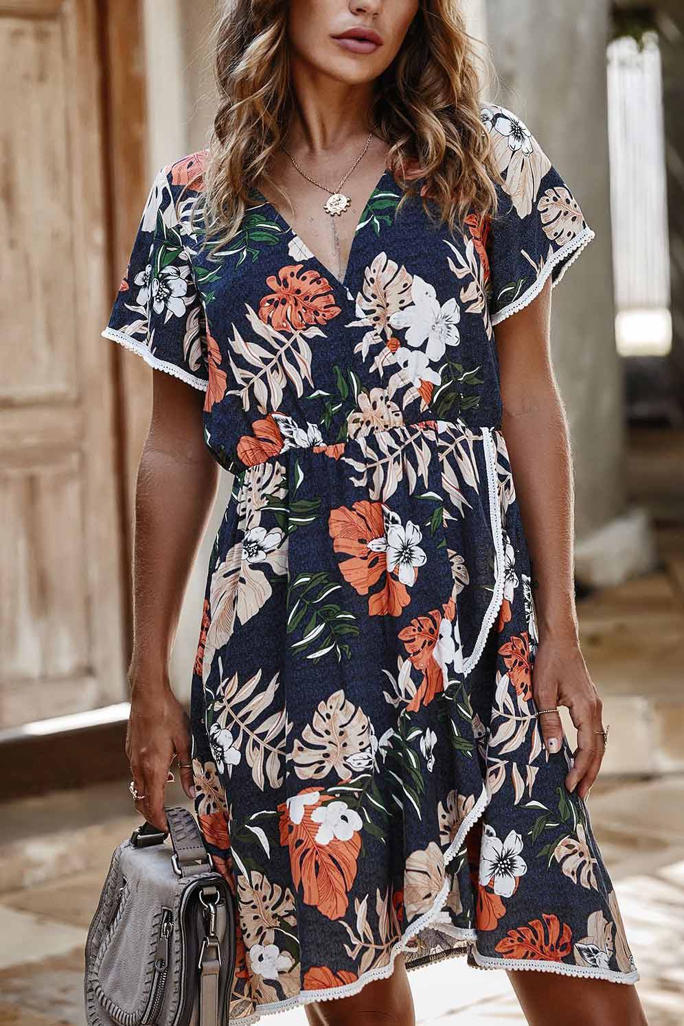 Floral V-neck Ruffles Vacation Dress