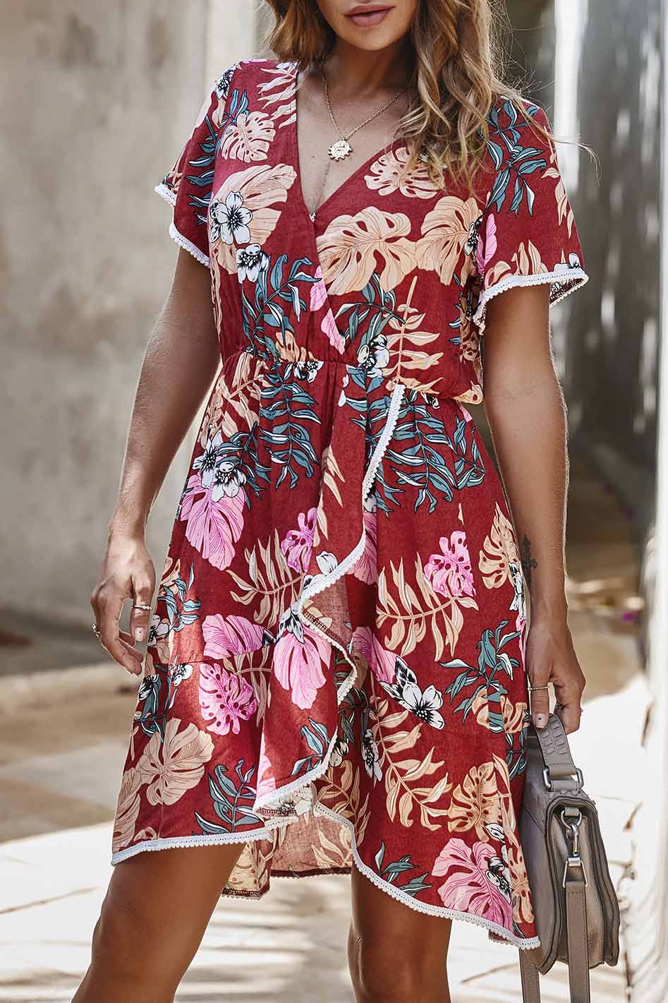 Floral V-neck Ruffles Vacation Dress - Mislish