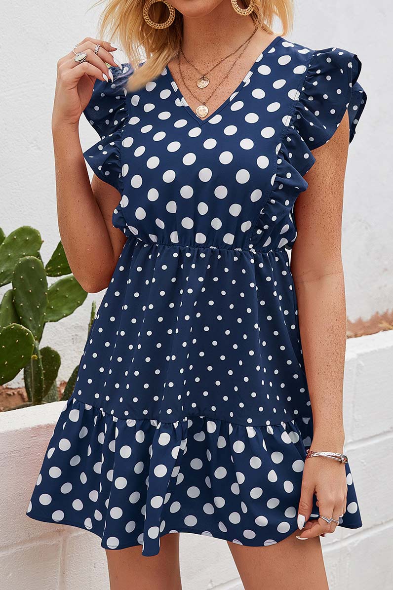 Flounce Polka Dot Sleeveless Short Dress - Mislish