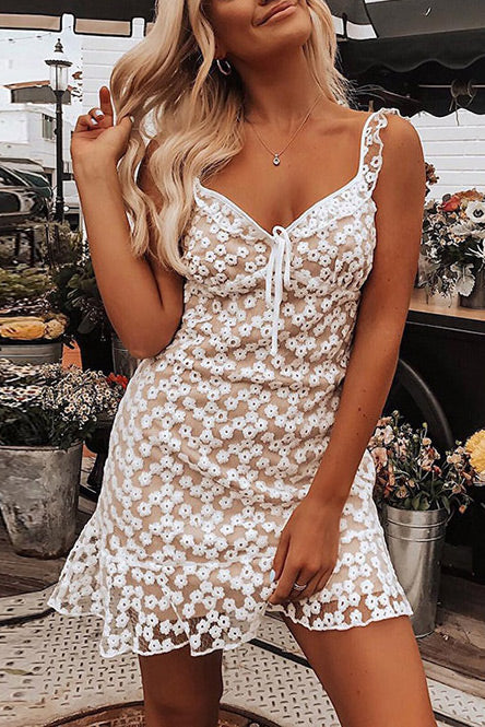 Flower Lace Sleeveless Short Dress - Mislish