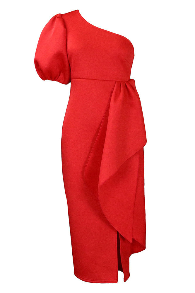 Fuchsia One Shoulder Midi Party Cocktail Dress