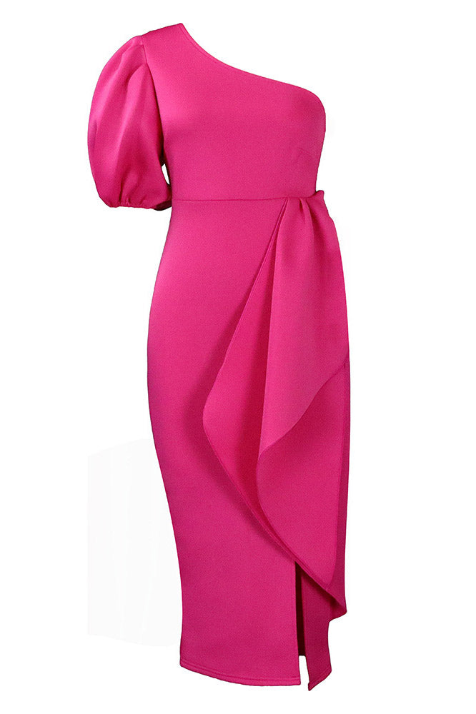 Fuchsia One Shoulder Midi Party Cocktail Dress