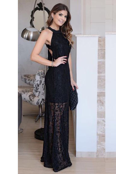 Full Length Black Backless Evening Gown 