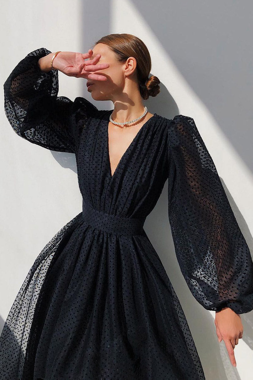 Full Length Long Sleeve Polka Dot Evening Dress