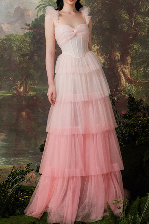 Gorgeous Pink A-Line Tulle Prom Gown Evening Dress 