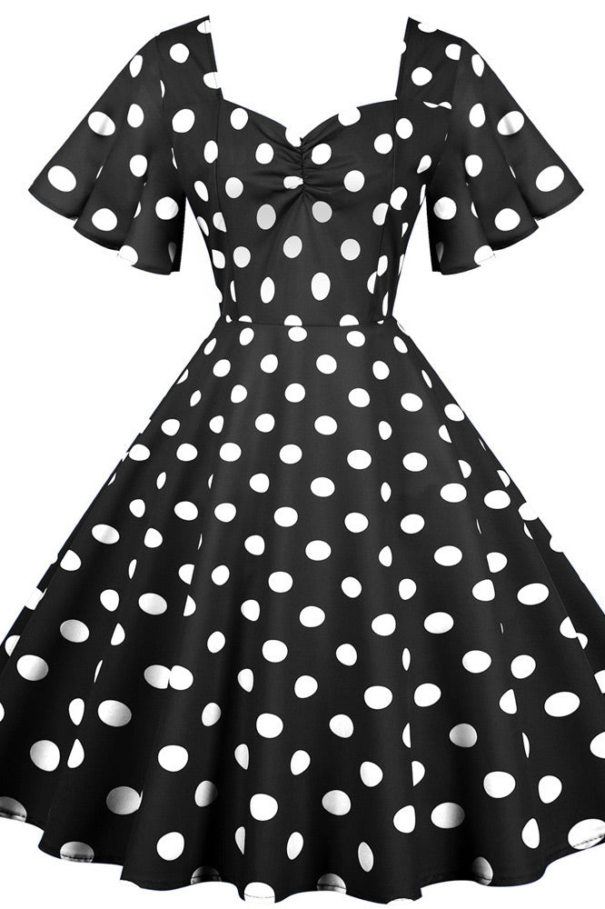 Green And White Short Sleeve Polka Dot Dress 