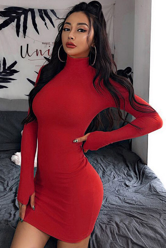 Green High Neck Long Sleeve Bodycon Dress