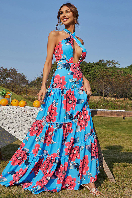 Halter A-Line Print Maxi Dresses