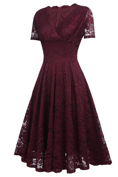 Knee-Length Burgundy Lace Cocktail Party Dresses