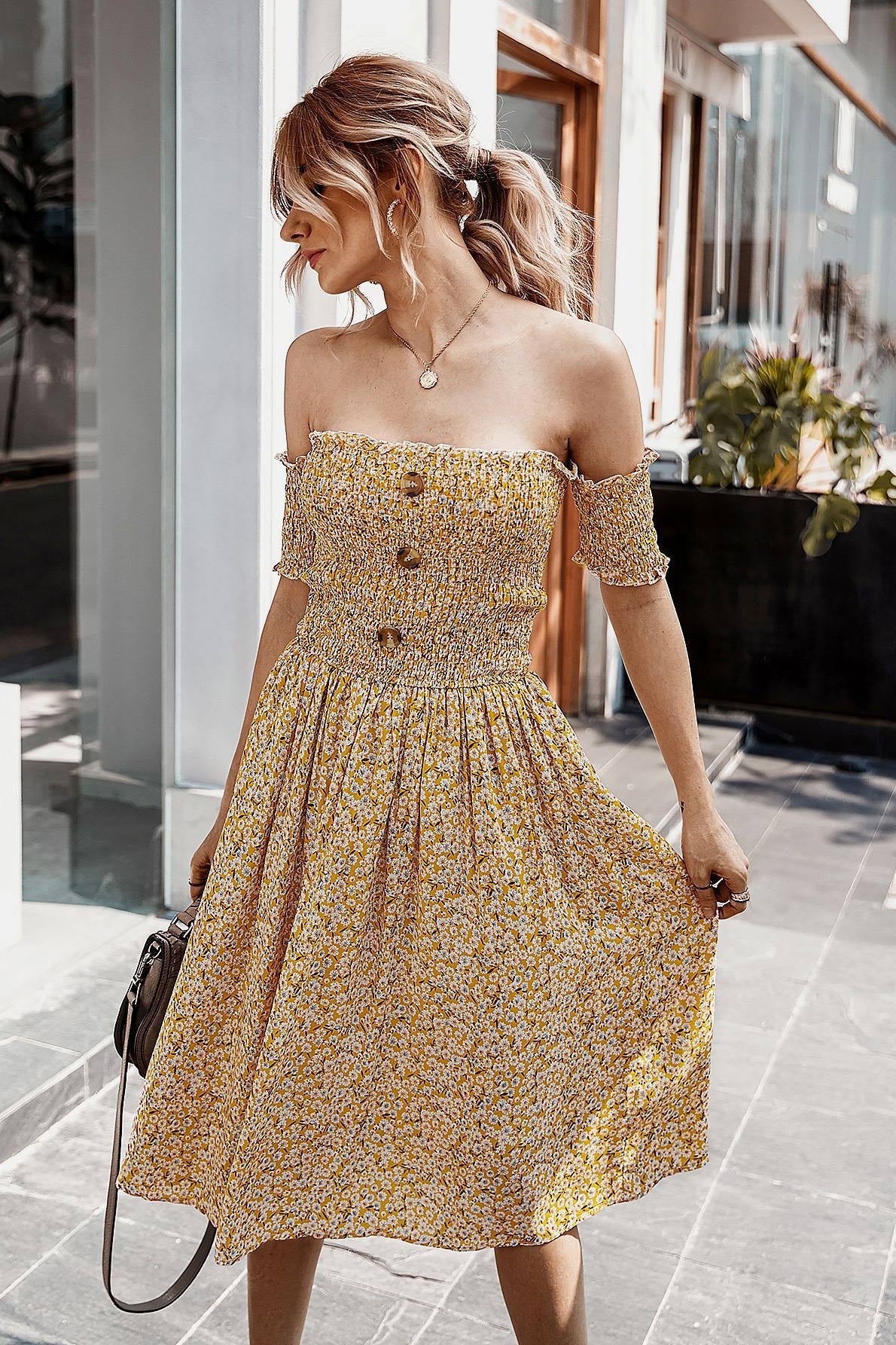 Knee Length Floral Off-the-Shoulder Dress