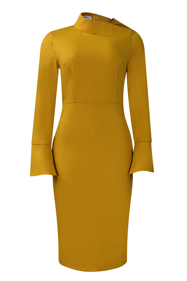 Knee Length Gold Long Sleeve Office Dress