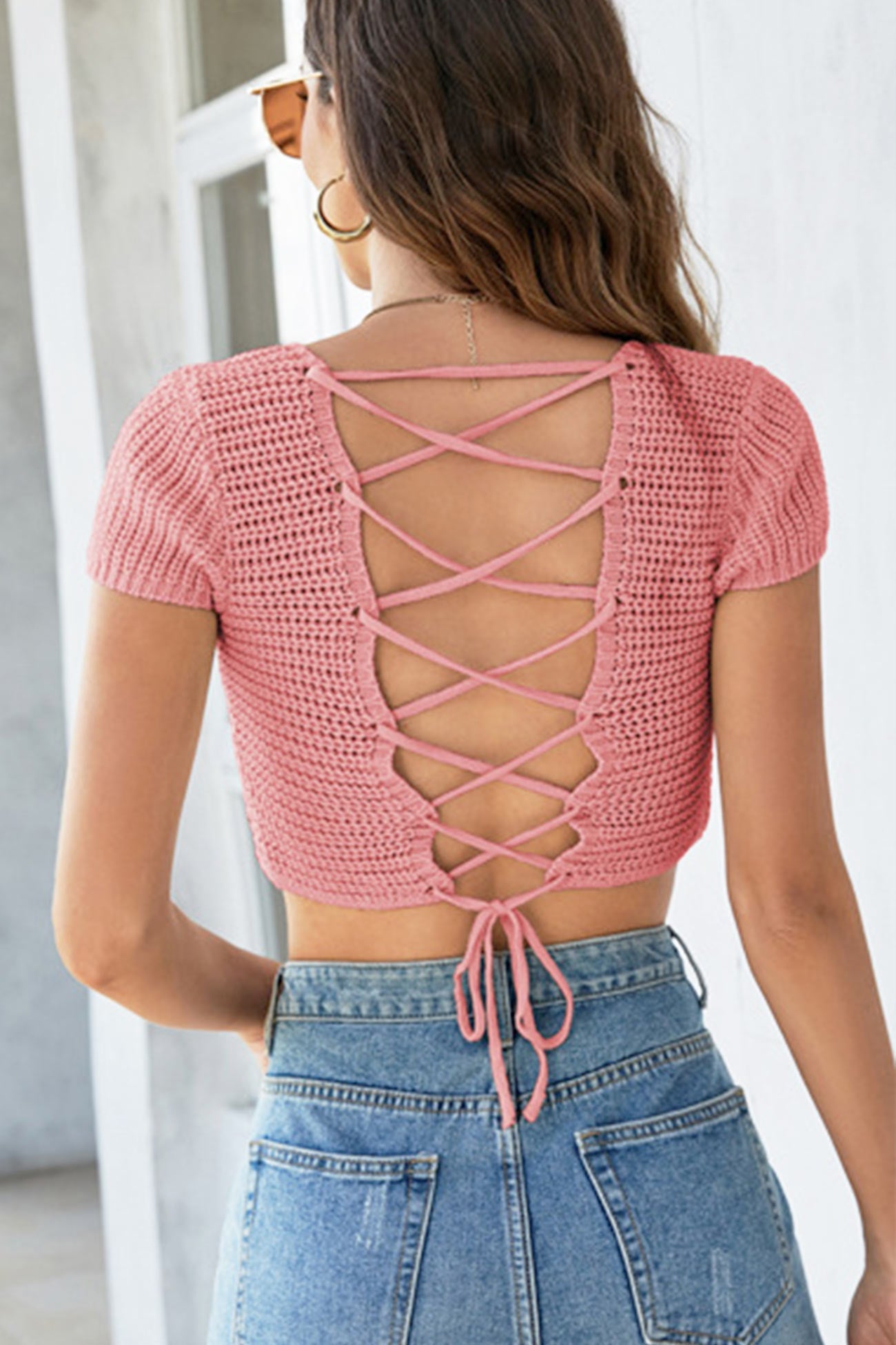 Knitted Cutout Tie-Back Crop Top