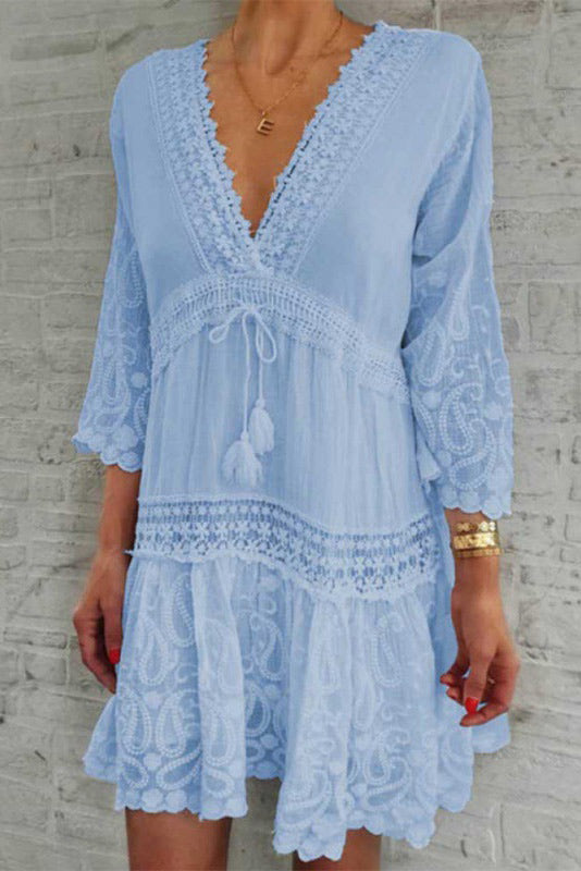 Light Sky Blue V-Neck Lace Mini Dress