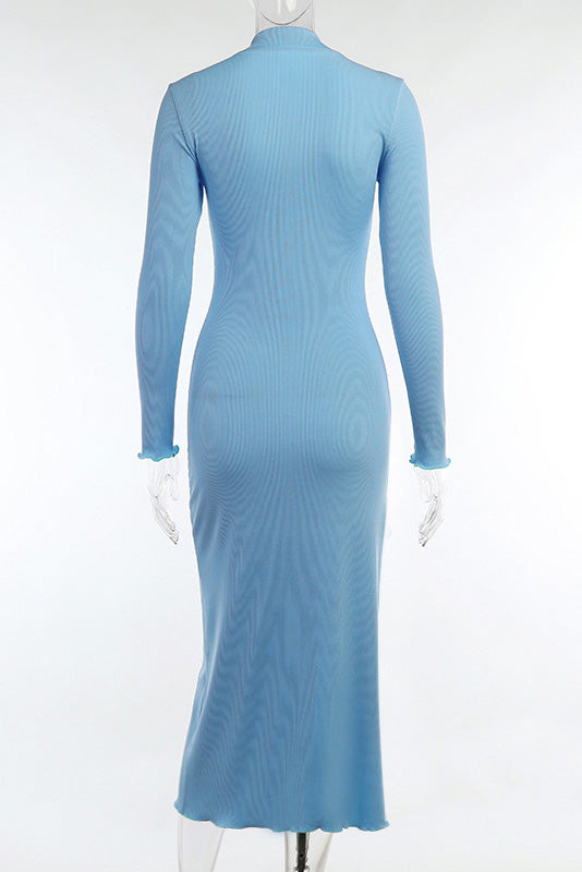 Light Sky Blue Long Sleeve V-Neck Dress