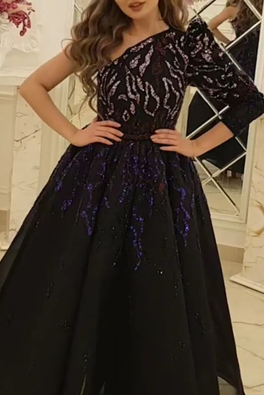 Long Black One Sleeve A-Line Prom Dress Evening Gown