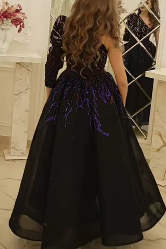 Long Black One Sleeve A-Line Prom Dress Evening Gown