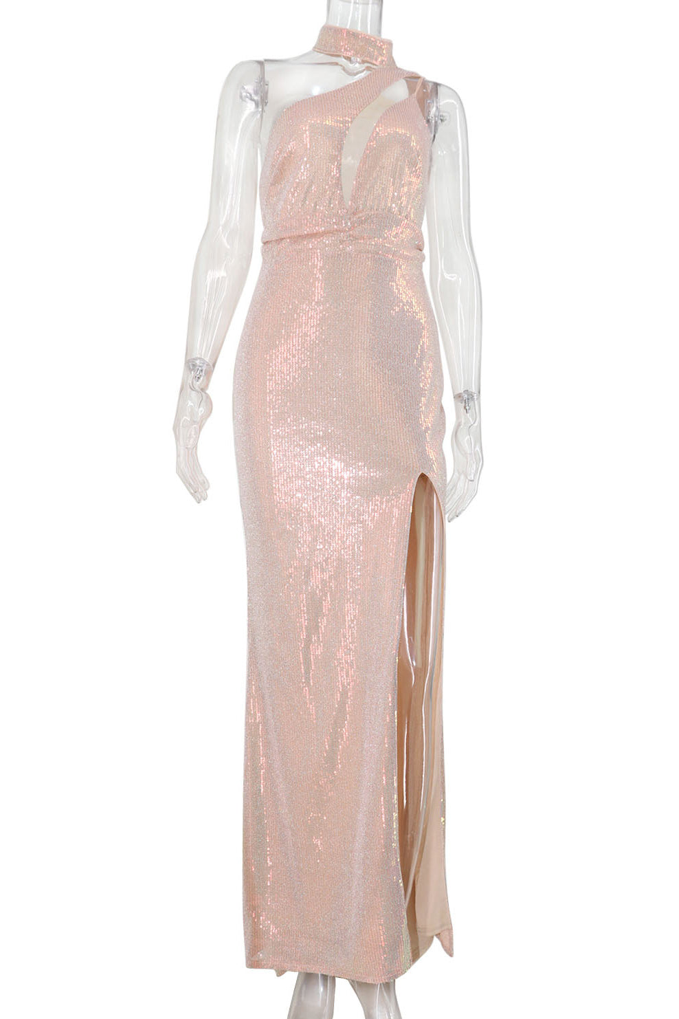 Long Pink High Neck Slit Prom Evening Dresses