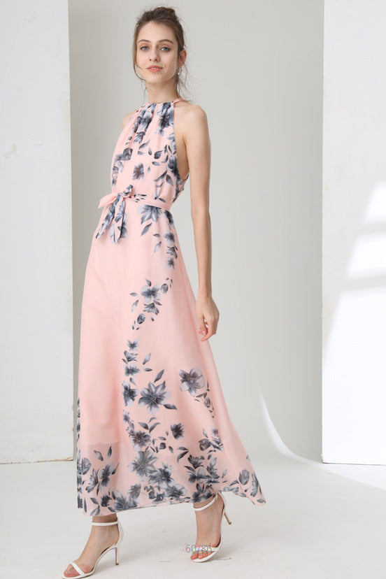 Long Pink Print Sleeveless Prom Gown Evening Dress