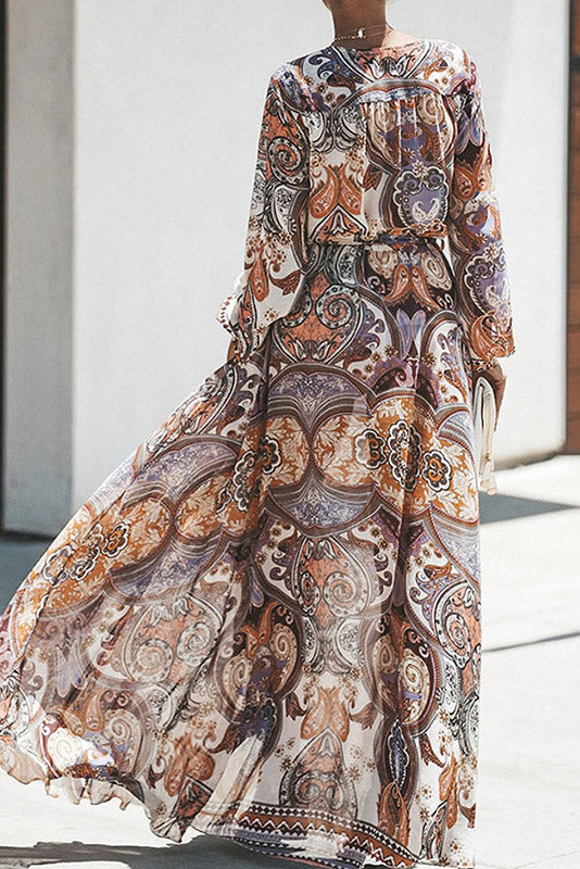 Long Sleeve Print V-Neck Maxi Dress