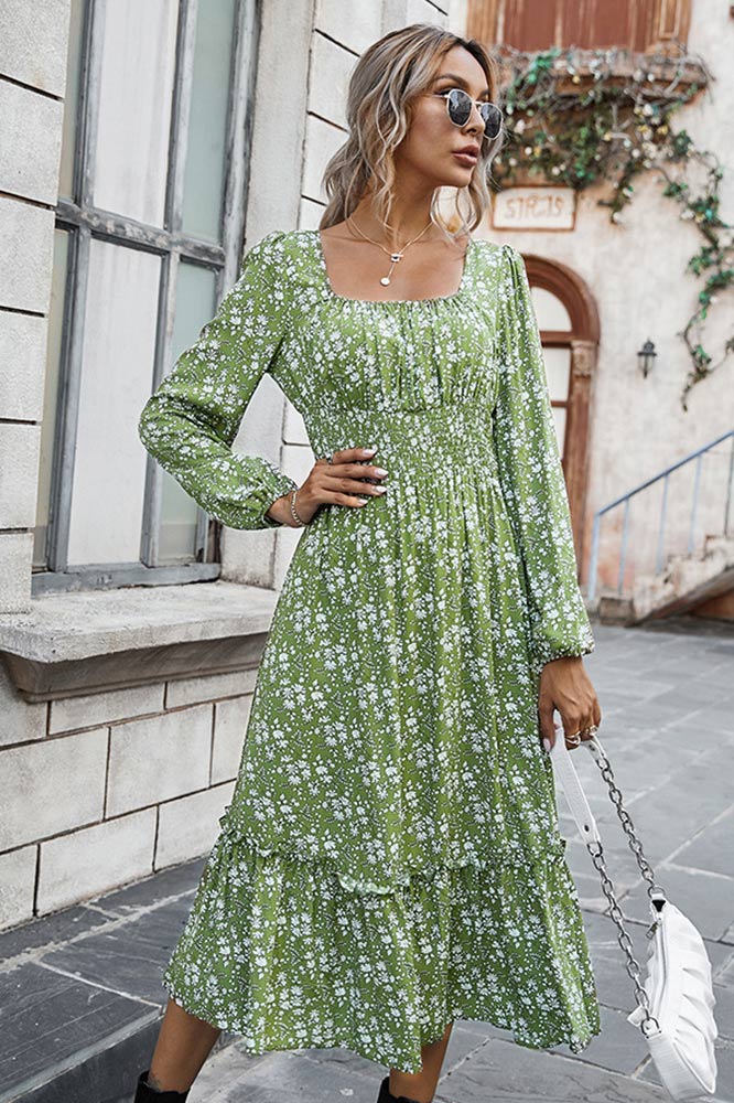 Long Sleeve Square Neck Midi Printed Dress