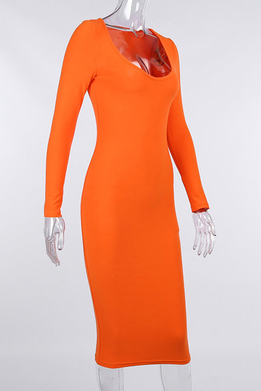 Mid Length Orange Long Sleeve Bodycon Dress