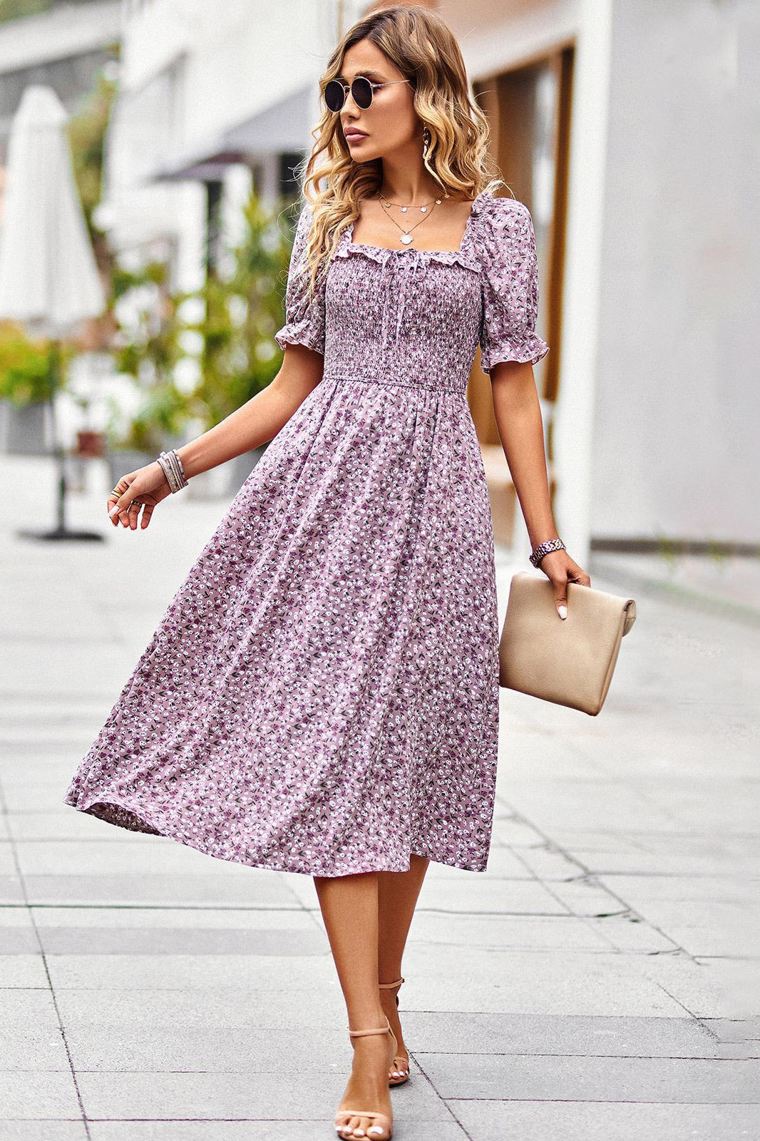 Midi Floral A-Line Square Neck Dresses