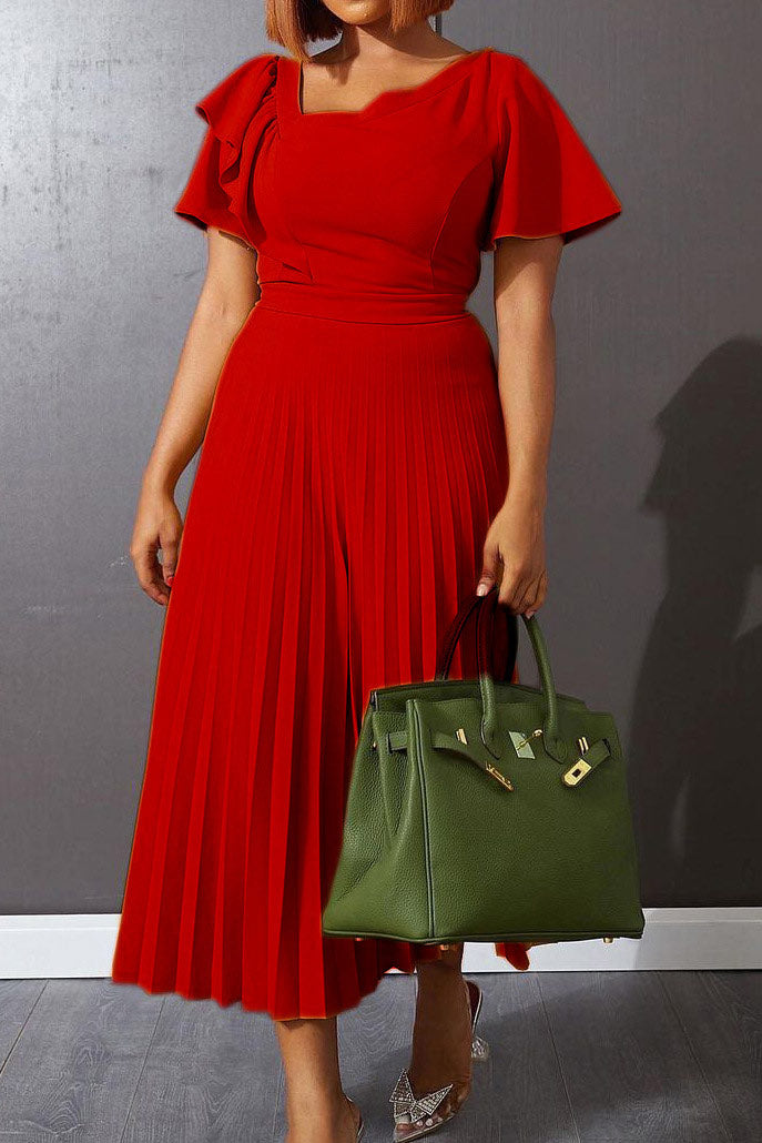 Midi Red A-Line Pleated Dress