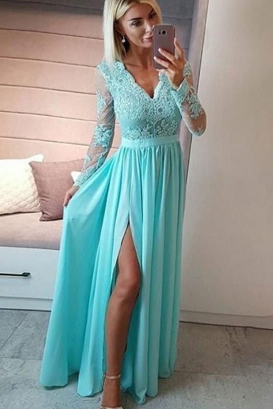 Mint Long Sleeve High Split Prom Gown Evening Dress