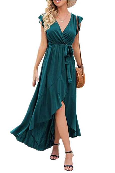 V-neck High Low Ruffled Wrap Dress