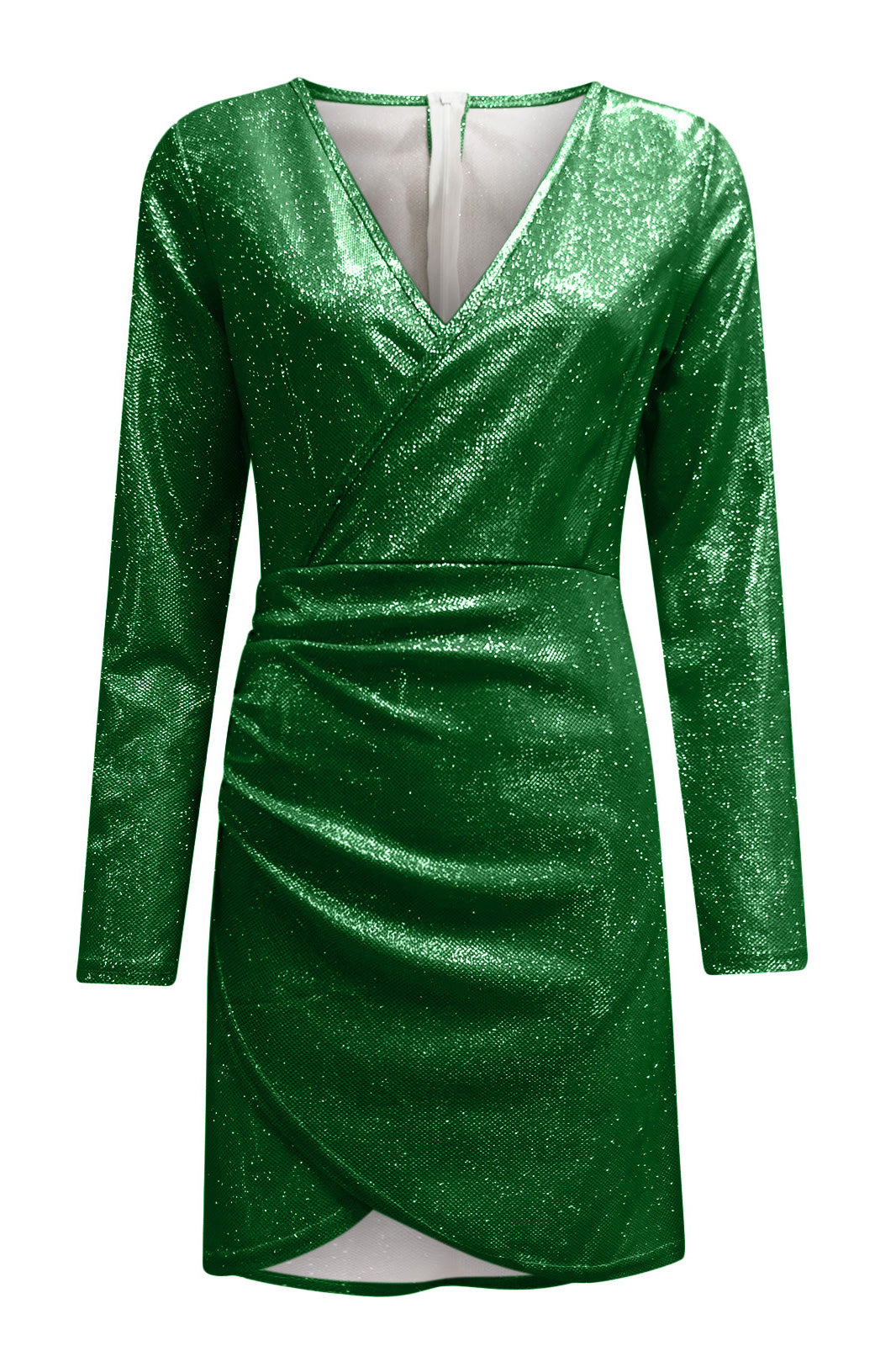 Asymmetrical Hem Sequined V-neck Mini Dress With Long Sleeves