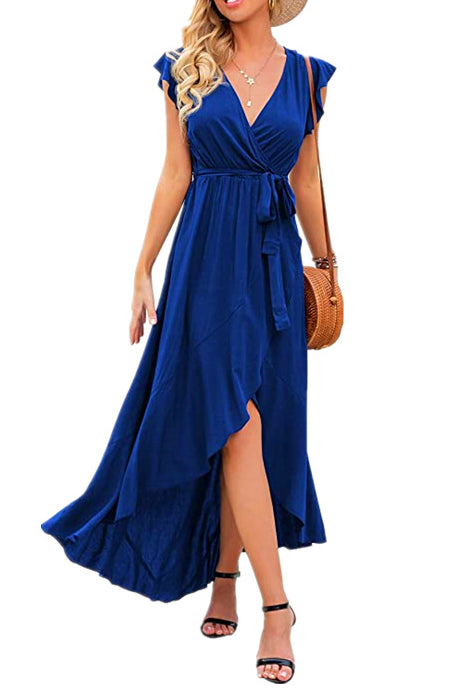 V-neck High Low Ruffled Wrap Dress