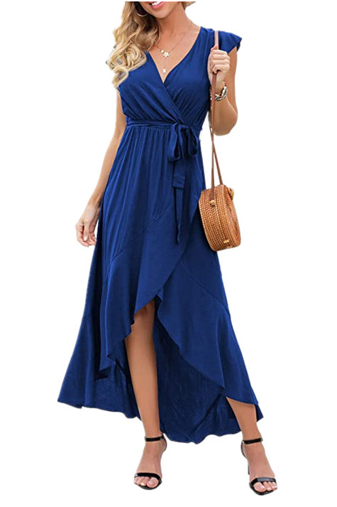 V-neck High Low Ruffled Wrap Dress