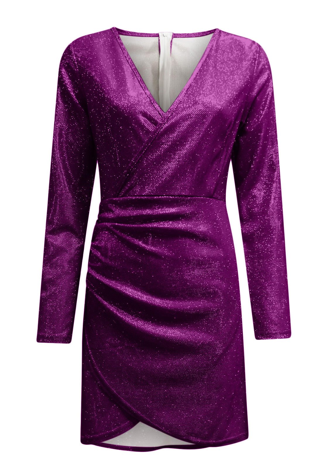 Asymmetrical Hem Sequined V-neck Mini Dress With Long Sleeves