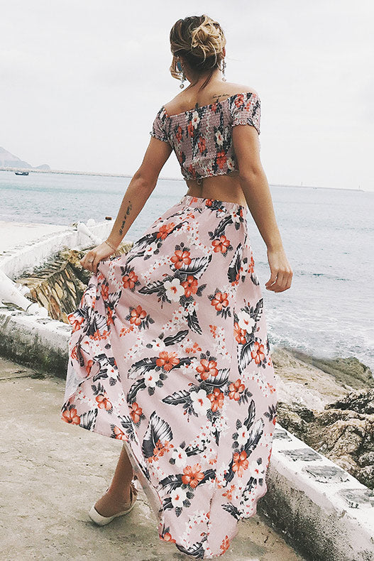 Off-the-shoulder Floral Slit Two Piece Sets