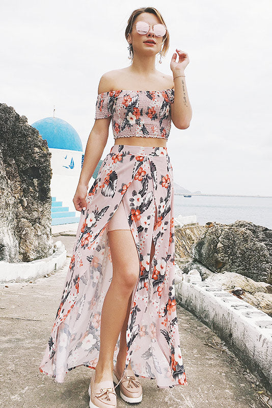 Off-the-shoulder Floral Slit Two Piece Sets - Mislish