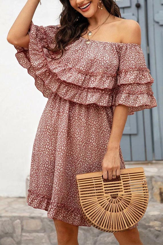 Off Shoulder Layered Ruffles Printed Dress - Mislish