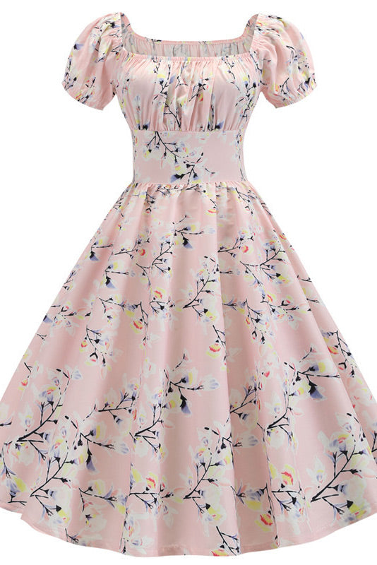 Pearl Pink A-Line Short Sleeve Print Swing Dress